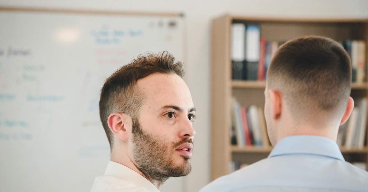 Théo Hénusse échangeant avec un professionnel pendant une séance de coaching en anglais.